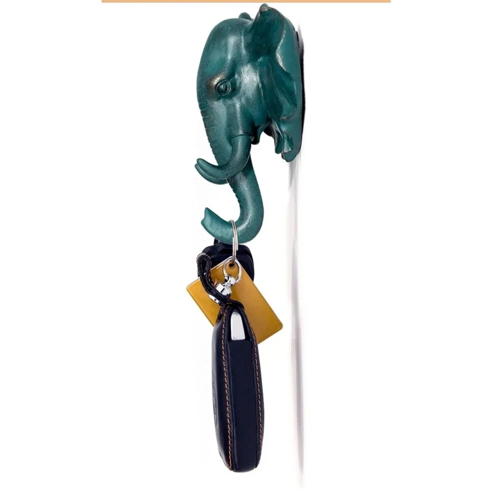 Bohemian Boho Elephant Head Wall Hooks Set of 2 Green Bronze Resin Safari Decor